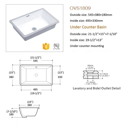 Moderne sous l'évier rectangulaire de lavabo de main d'installation de bâti